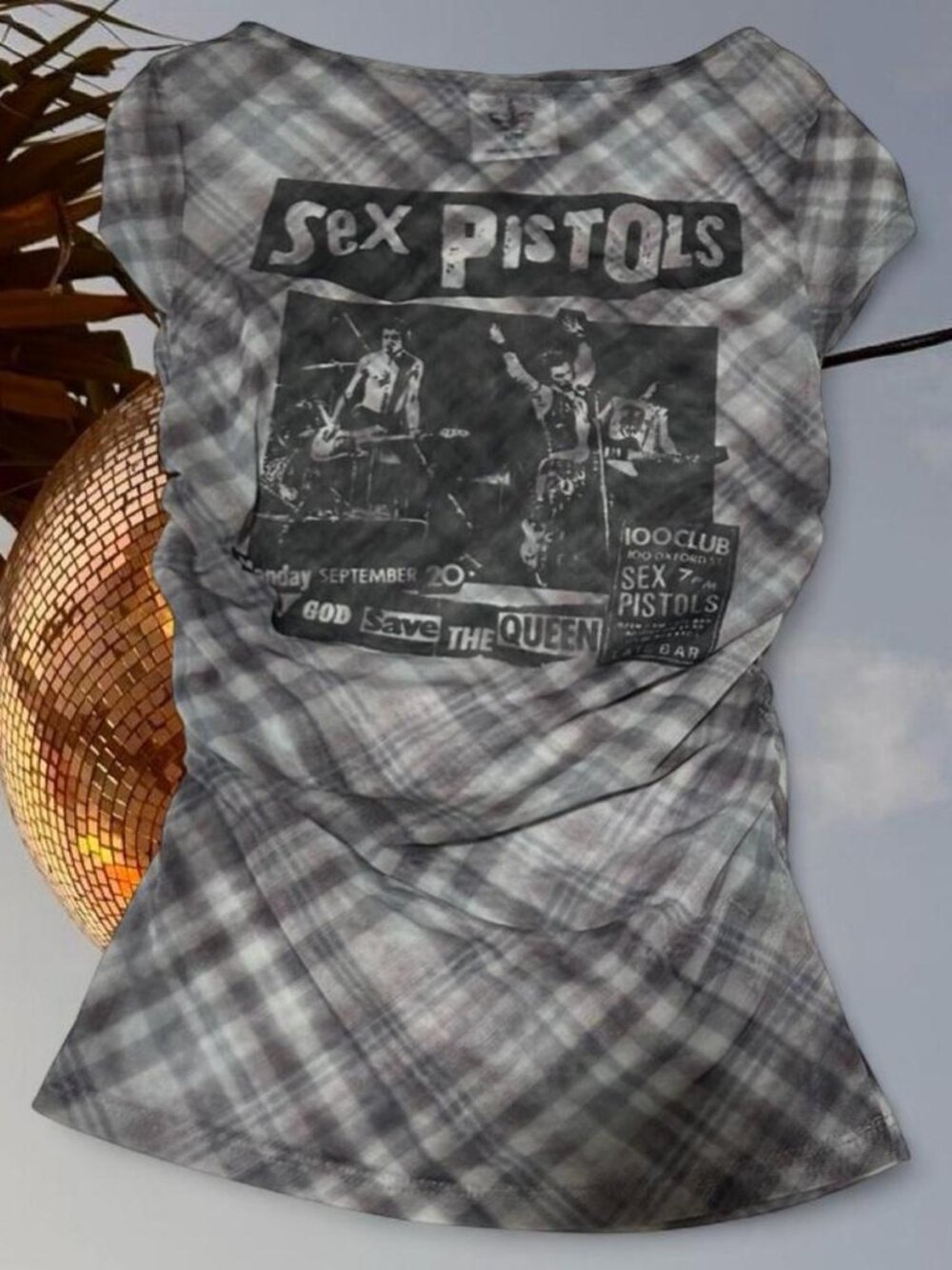 Sheer Sex Pistols Indie Sleaze Black & Gray Graphic Top ⭐️ sexy ruched sides